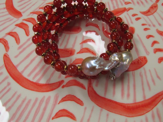 Baroque Freshwater Pearl Carnelian Bead Hematite Wrap Bracelet Stainless Steel
