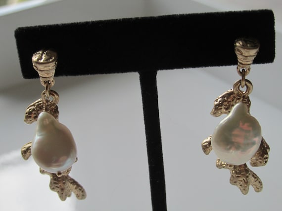 Gold-tone Coral Branch Pearl Dangle Earrings