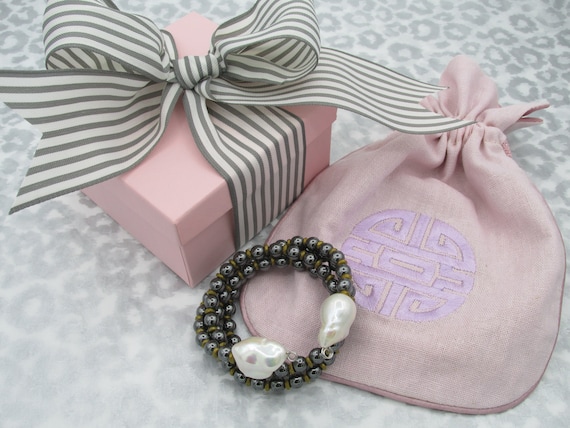 White Baroque Freshwater Pearl Hematite Wrap Bracelet Stainless Steel