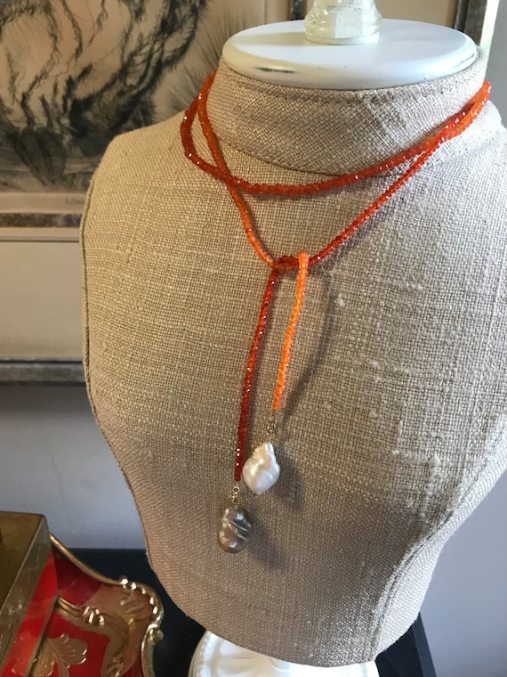 Faceted Gemstone Lariat in Carnelian with Baroque Freshwater Pearls