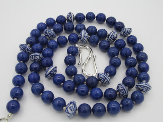 Hand Knotted Blue & White Ceramic Chinoiserie Necklace Sterling 925 clasp (shown with tassel listed separately)