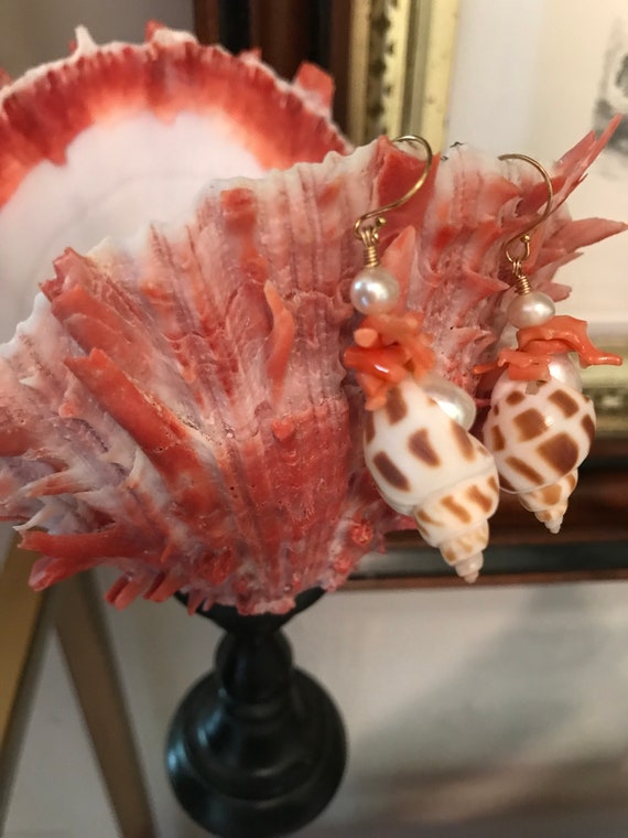 Spotted Shell & Vintage Coral Earrings