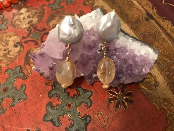 Gray Pearl & Citrine Dangle Earrings post - 14k/20 Gold-Filed