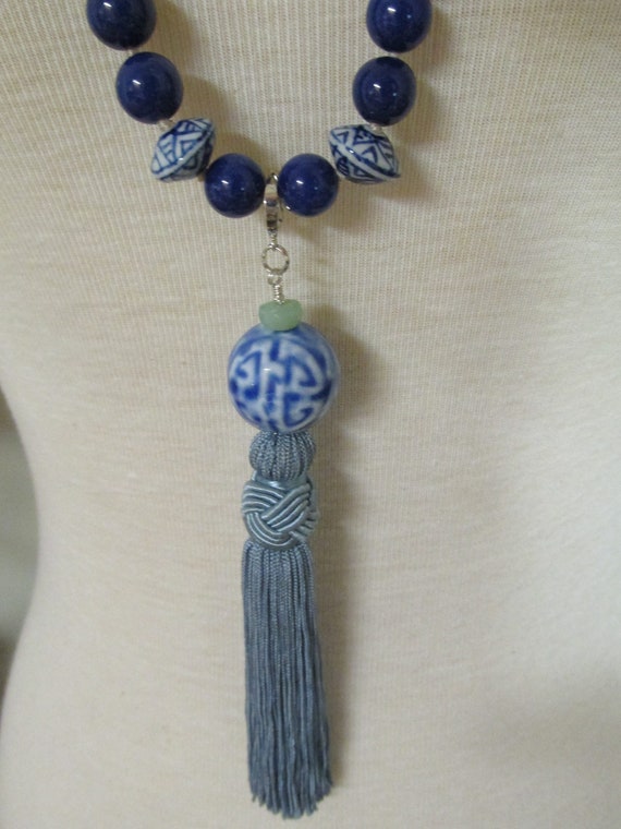 Removable 925 Sterling Tassel Pendant Ceramic with Chrysoprase Accent (shown in some photos on ceramic beaded necklace sold separately)