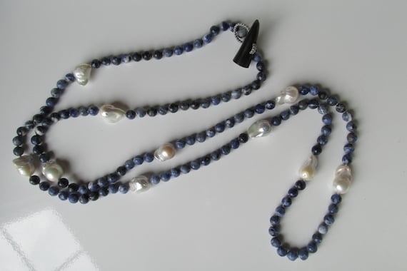 Hand-Knotted Baroque Pearl & Faceted Sodalite Horn Toggle Necklace