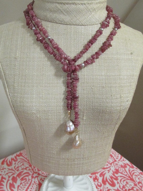 Tumbled Pink Tourmaline and Freshwater Pearl Hand-knotted Convertible Lariat