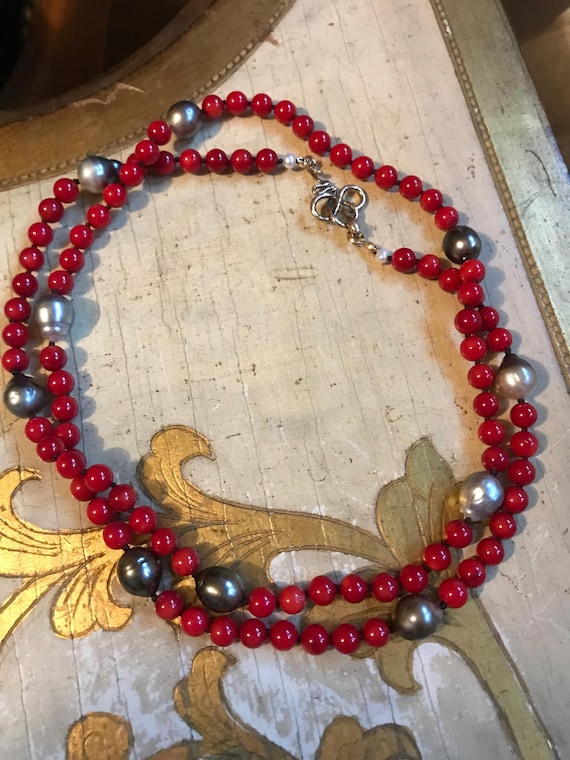 Red Coral and Tahitian Pearl Eternity Snake Clasp Necklace