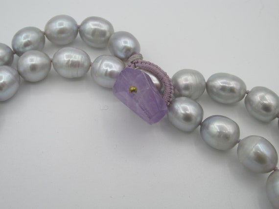 Grey Freshwater Pearl Neclace with Lavender Amethyst Toggle