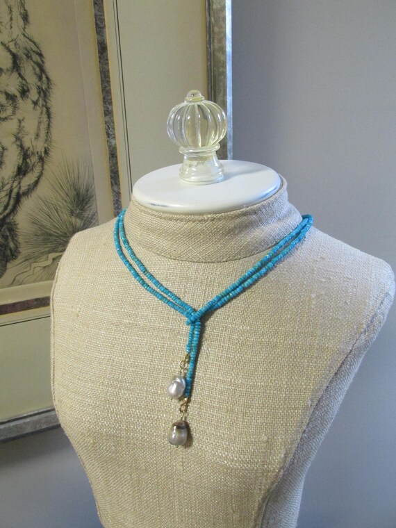 Faceted Kingman Turquoise Lariat with Tahitian Pearl Dangles