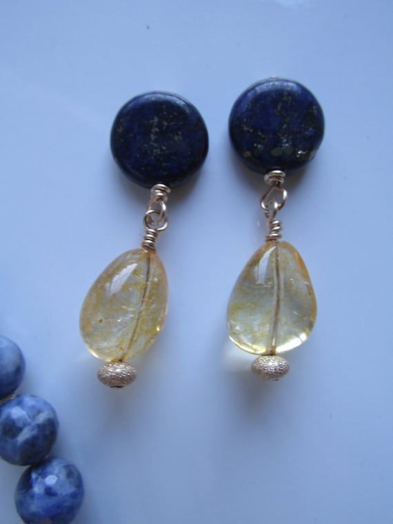 Lapis & Citrine Dangle Earrings 14k/20 Gold-Filled w/posts