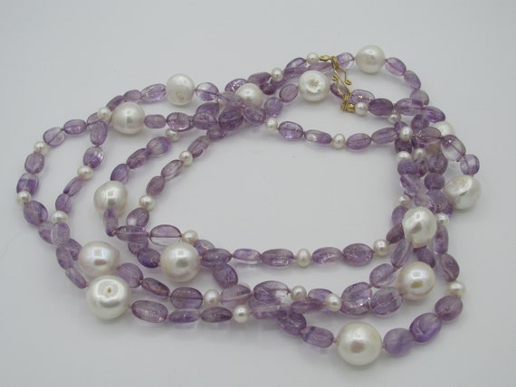 Hand Knotted Amethyst Freshwater Pearl Rope Necklace