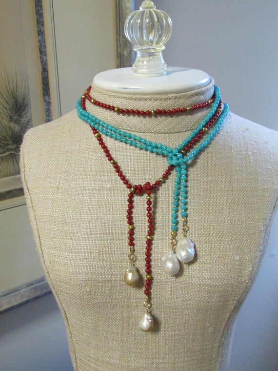 Hand-knotted Baroque Freshwater Pearl Lariat - Choose Coral or Turquoise
