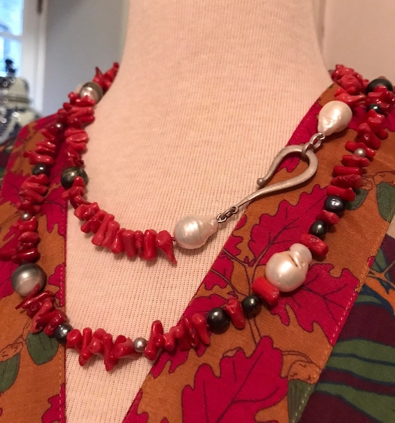 Hand-knotted Tahitian & Freshwater Pearl and Coral Necklace