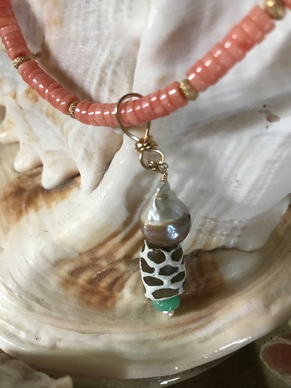 Coral Heishi Necklace with Removable Pearl Enhancer