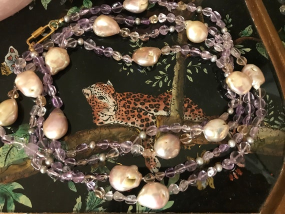 Rope of Ametrine and Quartz Pebbles and Freshwater Pearls with Carabiner Clasp