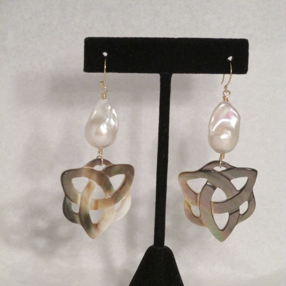 Baroque Pearl and Carved Mother-of-Pearl Dangle Earrings, gold-filled