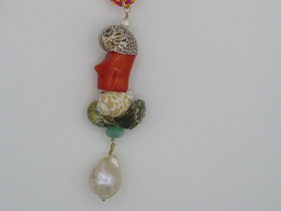 Coral and Shell Enhancer Pendant with Dangle Pearl