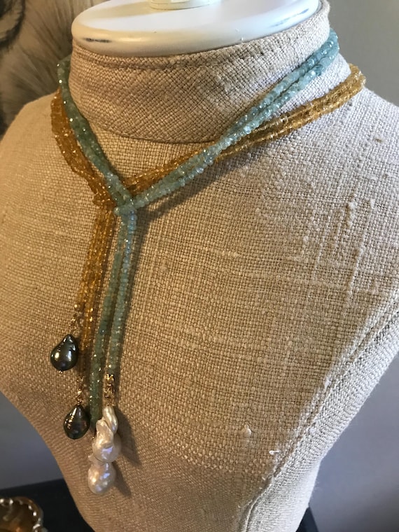 Faceted Gemstone Lariat with Pearl Dangles - Select Gemstone