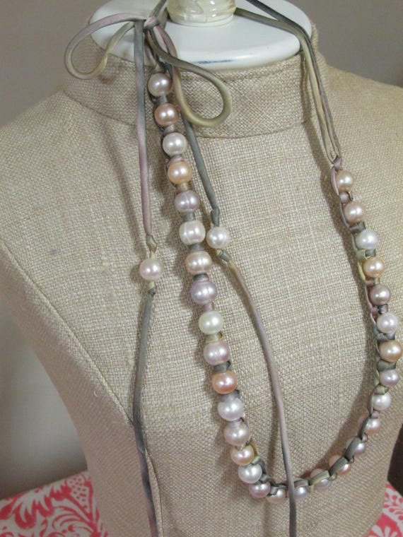 Adjustable Multicolor Freshwater Cultured Pearl Necklace Macrame Knotted on Hand Dyed Silk Cord