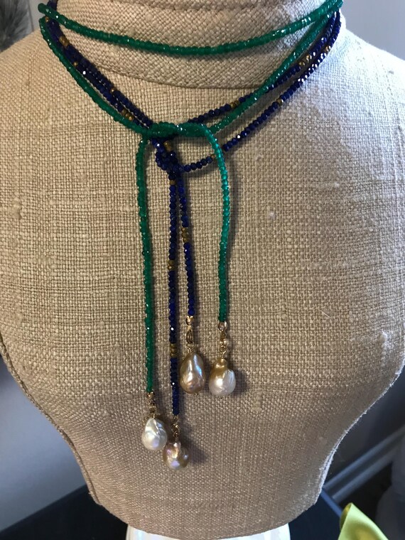 Faceted Gemstone Lariat with Pearl Dangles - Select Gemstone