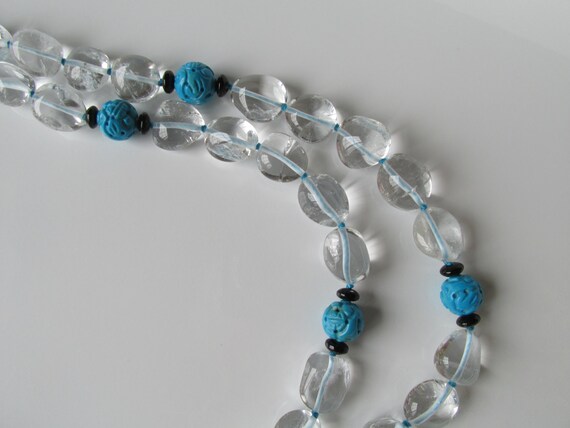 Hand-Knotted Chinoiserie-Style Rock Crystal & Carved Turquoise Necklace
