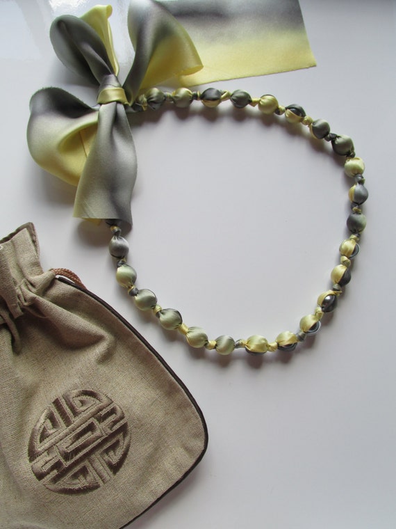 Silk Wrapped Gunmetal Glass Pearls Necklace Bracelet