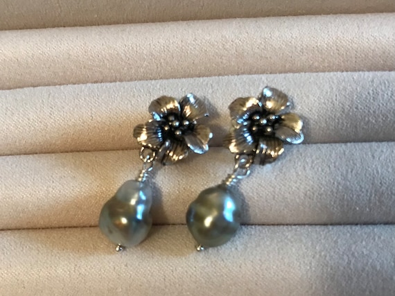 Sterling Silver Hibiscus Drop Tahitian Pearl Earrings