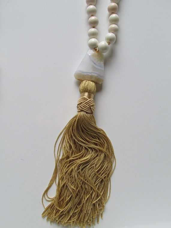 Hand Knotted Chalcedony & Howlite Tassel Necklace