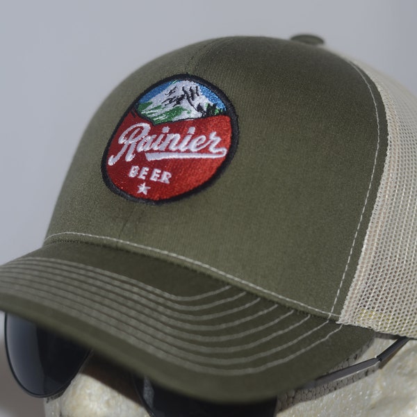 Rainier Beer Hat Moss Green Trucker Mesh Snapback Coneheads Alfred Hitchcock Tarzan Rambo Star Wars Neon Sign Patch Twin Peaks Twilight