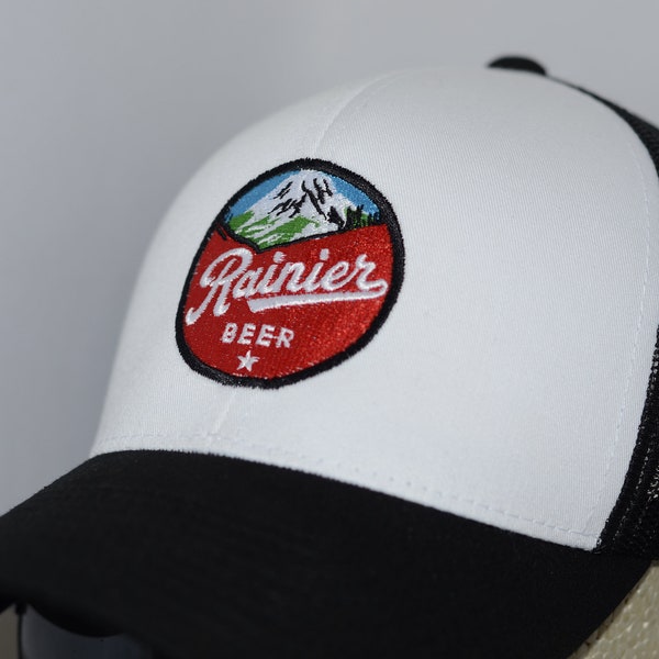 Rainier Beer Hat Black White Trucker Mesh Snapback Coneheads Alfred Hitchcock Tarzan Rambo Star Wars Neon Sign Patch Twin Peaks Twilight