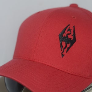 May include: Red baseball cap with a black embroidered dragon symbol.