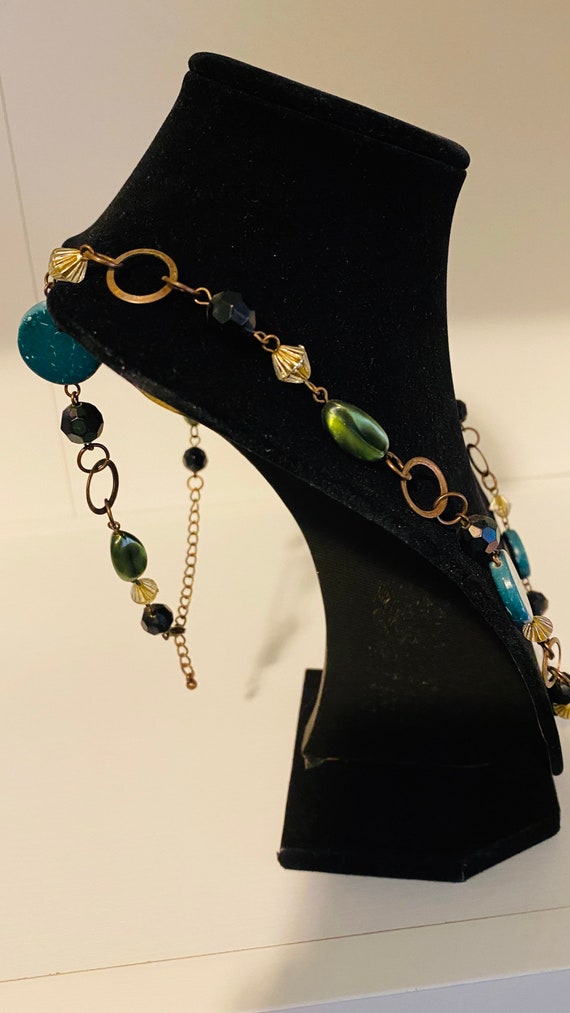 Beaded Necklace Brass Black Vintage Jade Green Ret