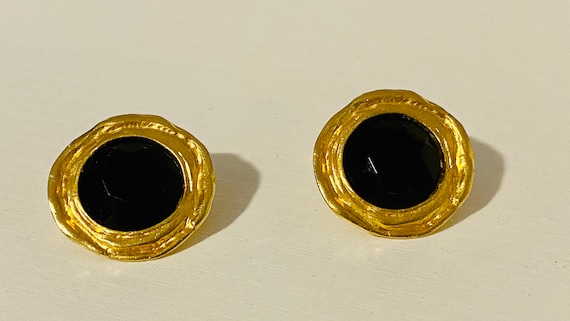 Black Earrings Vintage Clip Ons Gold Art Deco Mid… - image 8