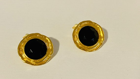 Black Earrings Vintage Clip Ons Gold Art Deco Mid… - image 2