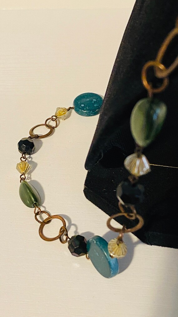 Beaded Necklace Brass Black Vintage Jade Green Re… - image 2