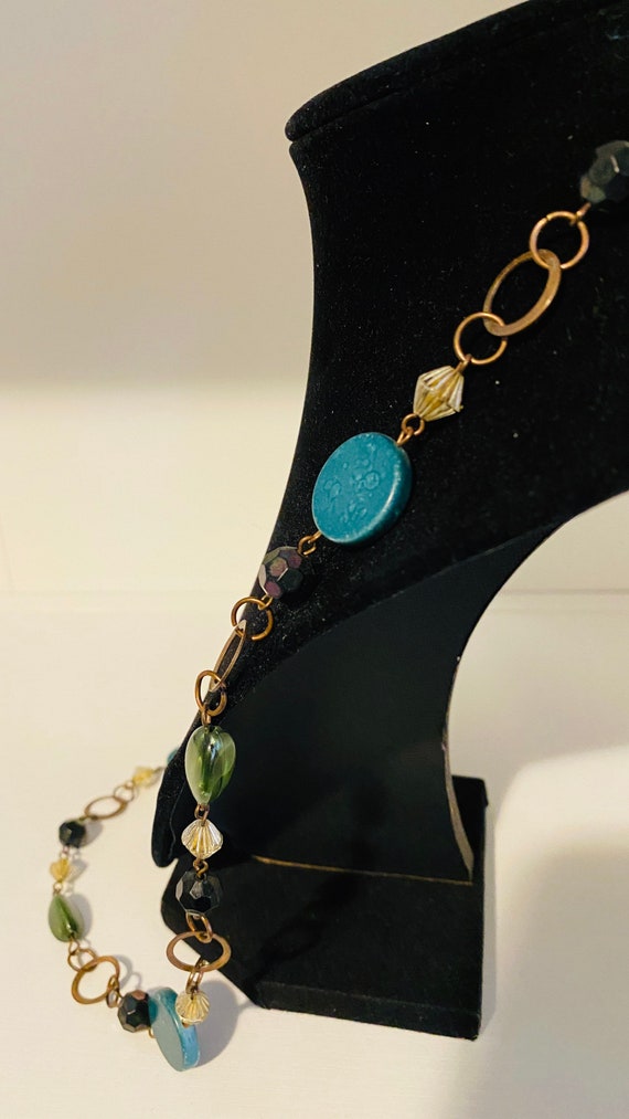 Beaded Necklace Brass Black Vintage Jade Green Re… - image 6