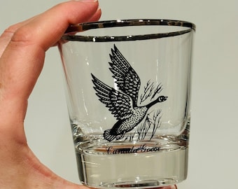 Vintage Whiskey Glass Canada Goose Retro Shot Glass Drinkware Lowball Tumbler Bar  Foodie Gifts Vintage Collectors gold rimmed Glassware