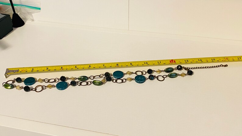 Beaded Necklace Brass Black Vintage Jade Green Retro Gold Brass Link Chain Acrylic Resin stones Boho Chic Fall Fashion One Size Fits all image 4