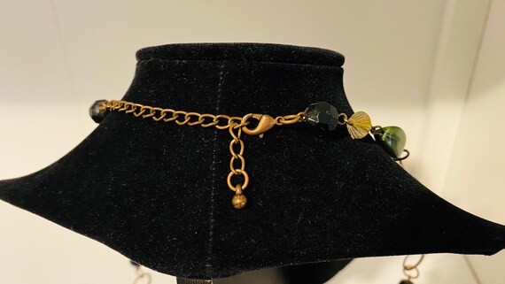 Beaded Necklace Brass Black Vintage Jade Green Re… - image 5