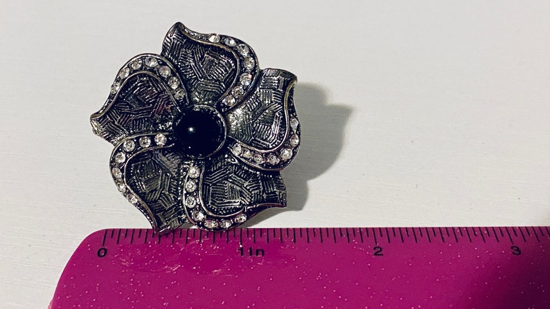 Silver Flower Ring Vintage silver Statement ring Onyx stone Rhinestone Adjustable fits all jewelry Christmas gifts for her Crystal Metal