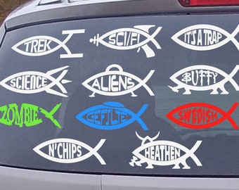7.5&quot; Evolve Fish, Trek Fish, Dr Who Fish, Fish N&#39; Chips, Alien Fish, SciFi Fish, and more Die Cut Vinyl Decal Sticker