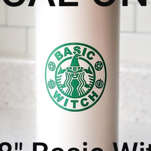 May include: White water bottle with a green "Basic Witch" decal featuring a witch with a black hat and a pumpkin. The decal is 2.8 inches in diameter.
