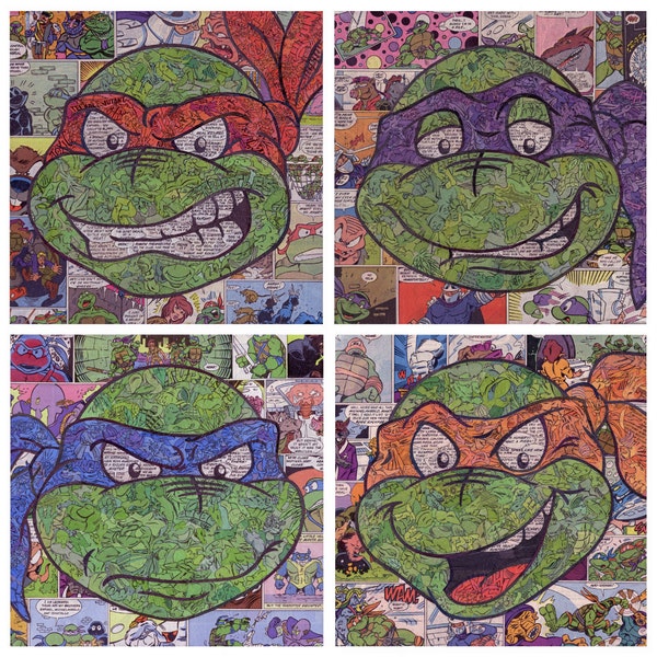 SET OF 4 Teenage Mutant Ninja Turtles Comic Collage Prints