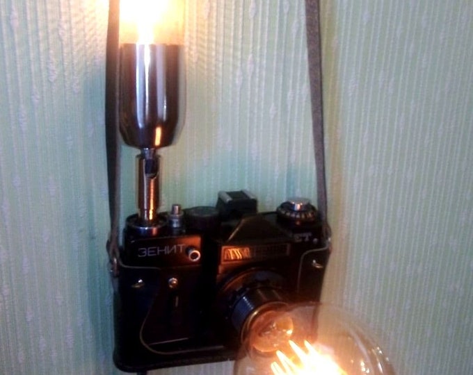 Photo Camera Edison Loft Lamp. Soviet Zenit Vintage Camera. Industrial Style. Steampunk Lamp with Dimmer. Photographer Camera.