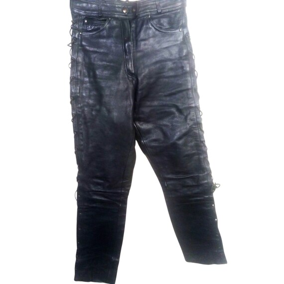 Pantalones Echtes Leder Vintage de cuero genuino con cordones en los lados pantalones negros de motociclista uniforme Etsy Espana