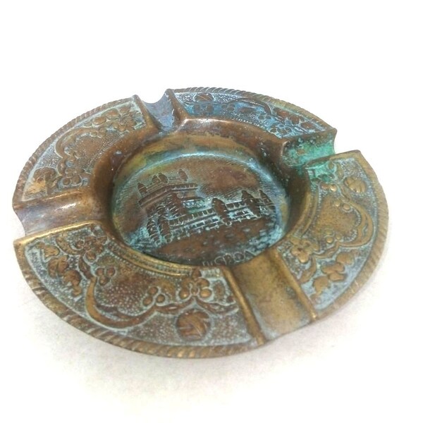 Antique Vintage Collectible Art Portuguese Smoke Bronze Brass Ashtray Castle