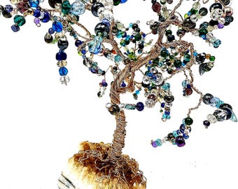 Stunning Handcrafted Wire Wrap Crystal Color Tree Mounted on Brazillian Citrine One of A Kind Work of Art