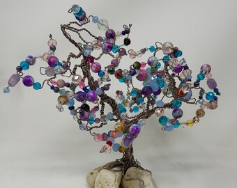 Stunning Handmade Wire Wrap Multi Color Tree Mounted on Creek Polished Stones - One Of A Kind Work Of Art