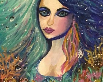 Mermaid  Art 11" x 14"  Stretched Canvas  "Anya Art"