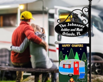 Park Place Happy Camper RV Sign – Double-Sided Custom Address Yard Sign with Solar Light & Flag – 47" Pole  for Campsites and RV Parks